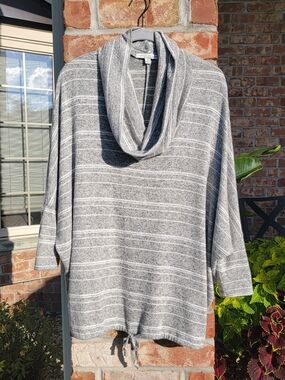 Green Envelope Gray Striped Light-Weight Soft Cowlneck Sweater